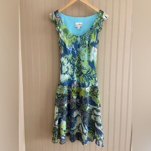 Joseph Relliff Blue Green Ruffle Bottom Abstract Print Dress Women’s Size 4